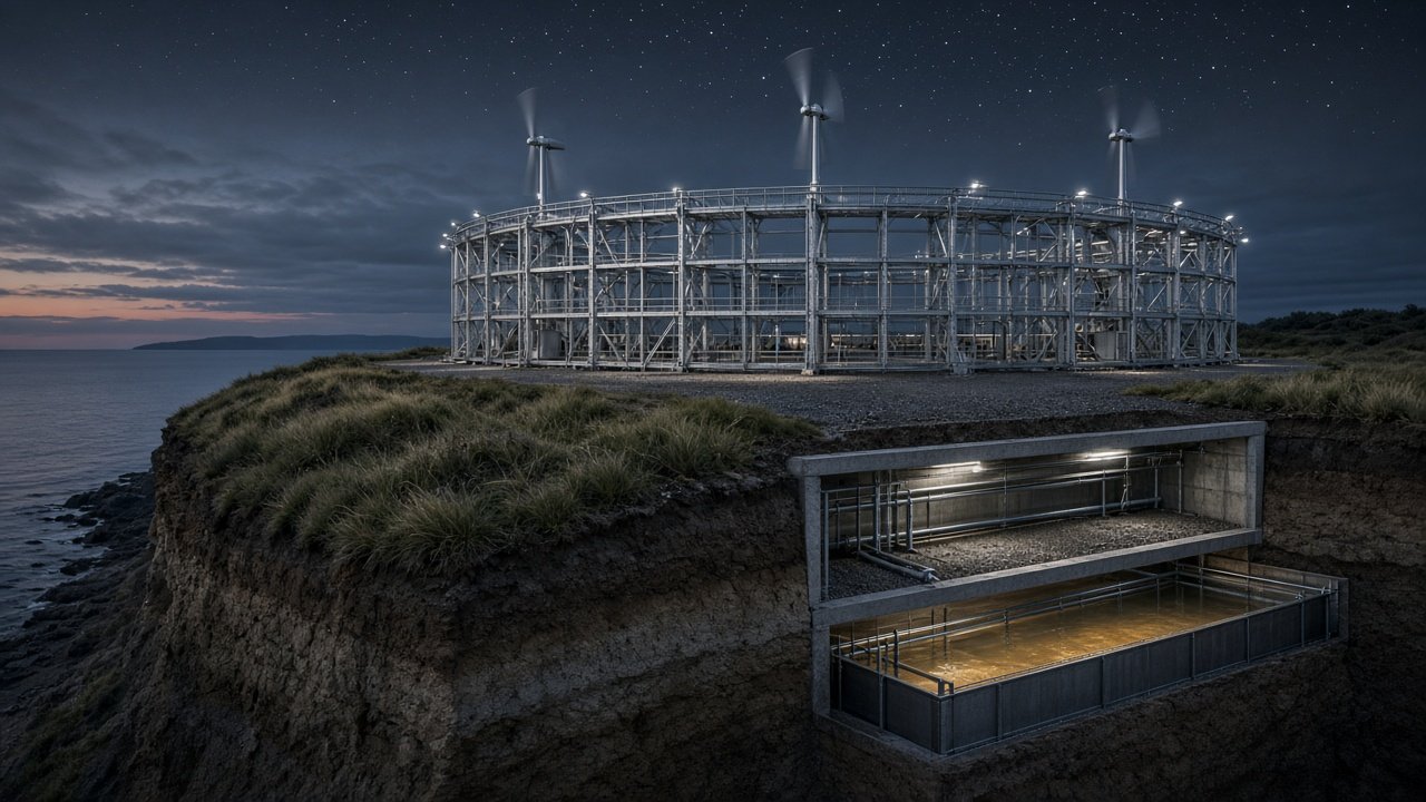 SMACaSHP facility on a Marrowstone Island bluff: galvanized light-gauge steel exoskeleton, roof turbines, and a cutaway of Trench 35 over the thermal reservoir