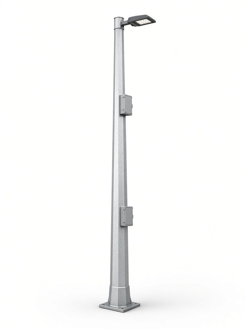 30-foot galvanized octagonal light-gauge steel pole with a downward dark-sky LED and NEMA 4X pull boxes
