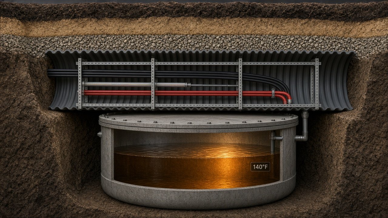 Cross-section of Trench 35: dry upper HDPE culvert with power, fiber, and PEX on Unistrut, above a sealed 140°F water reservoir